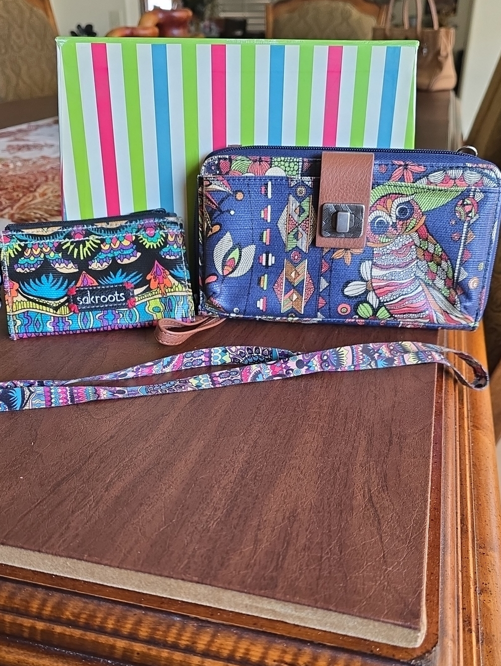 Sakroots Navy Owl Print Wristlet with Multicolor Accents & ID/Badge Holder